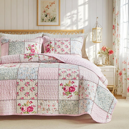 Joyreap Floral Cotton Quilt Set, Pink Aqua Flowers Grid Patchwork Design for Spring, 3 Pieces Queen Size Quilt Bedding Set, Soft n Cozy Bedspread Bed Cover for All Season- 90x90 inches