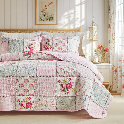 Joyreap Floral Cotton Quilt Set, Pink Aqua Flowers Grid Patchwork Design for Spring, 3 Pieces Queen Size Quilt Bedding Set, Soft n Cozy Bedspread Bed Cover for All Season- 90x90 inches