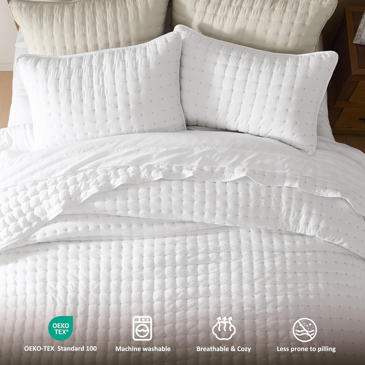 WDCOZY Cloud Soft Quilt Set, Queen Size, White, 3 Pieces 90x90 inches
