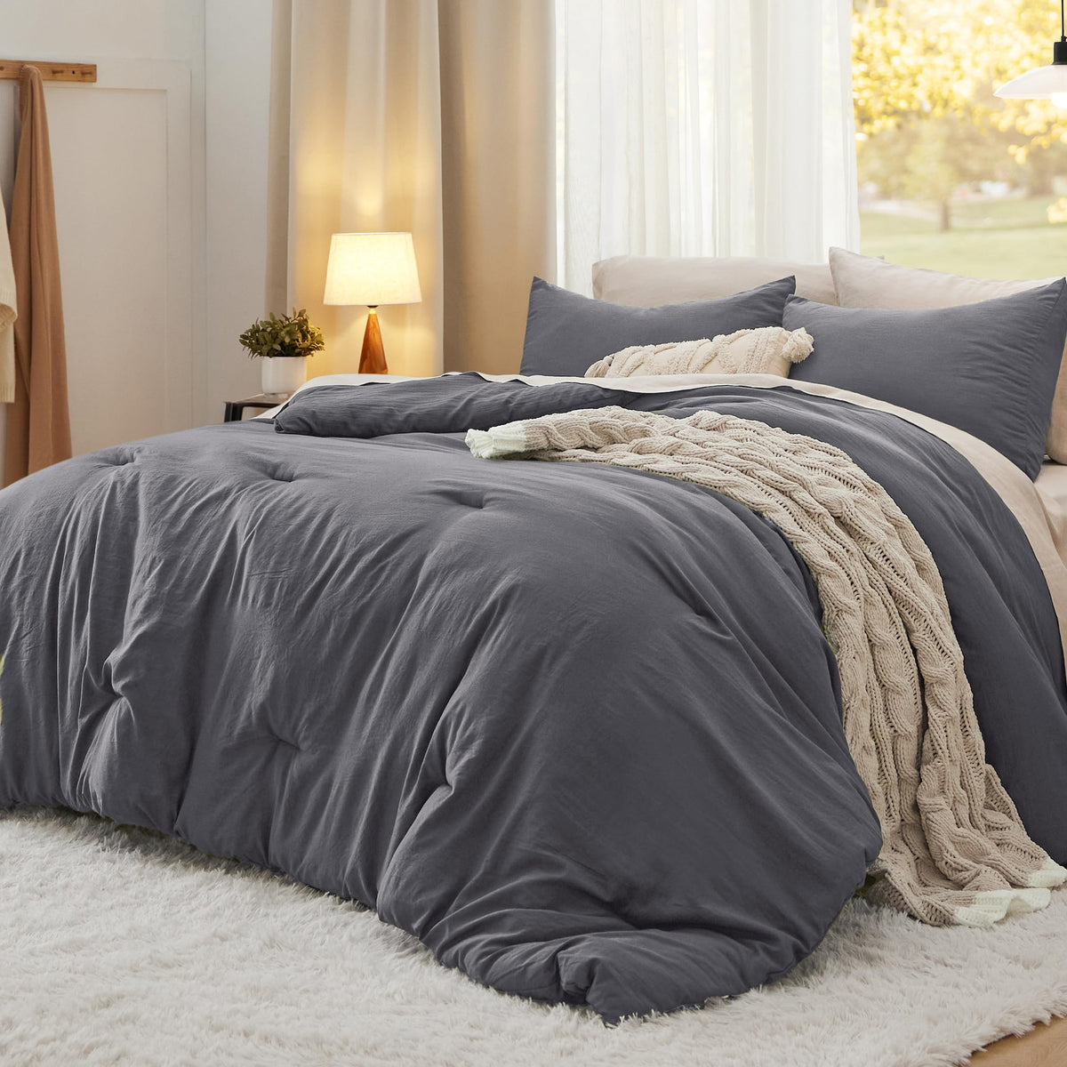 Bedsure King Comforter Set Prewashed Soft Bedding Set 3Pcs Beige 104"x90"