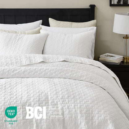 palassio White 100% Cotton Quilt King Size Bedding Sets with 2 Pillow Shams, Textured Lightweight Soft Bedspread Shabby Chic Coverlet, Quilted Comforter Bed Cover for All Season, 3 Pieces