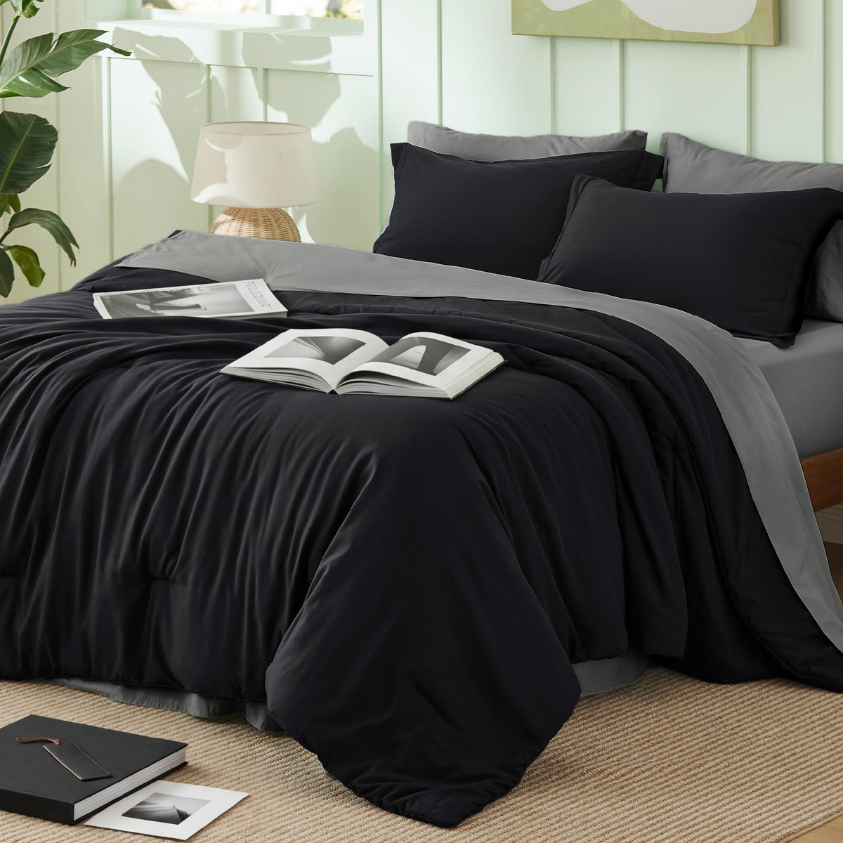 Bedsure Queen Bed in a Bag Grayish Blue Comforter Set Dual-Tone 7 Pieces