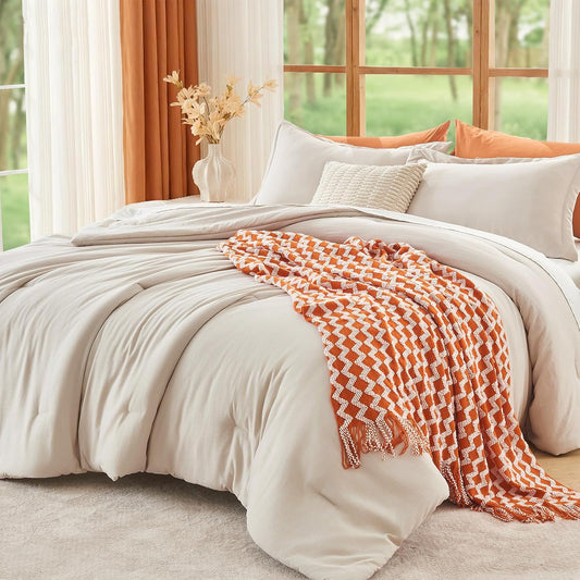 MUXHOMO Queen Comforter Set, 3-Piece All-Season Bedding, Beige