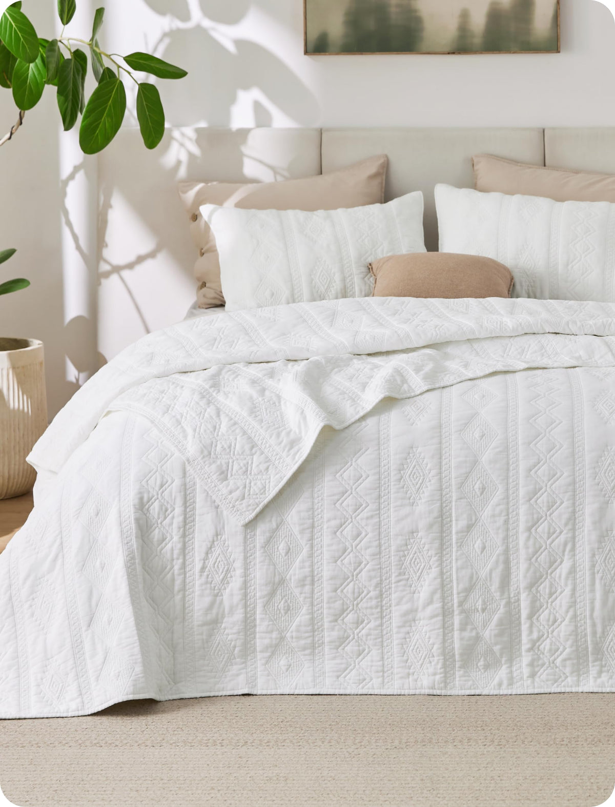 Bedsure PureWoven 100% Cotton Quilt Set Queen Size, Embroidery, Linen Beige