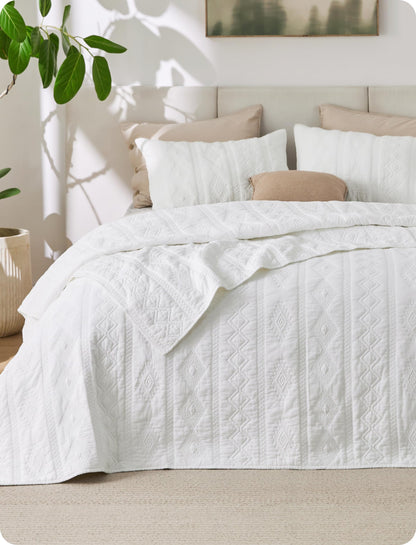 Bedsure PureWoven 100% Cotton Quilt Set Queen Size, Embroidery, Linen Beige