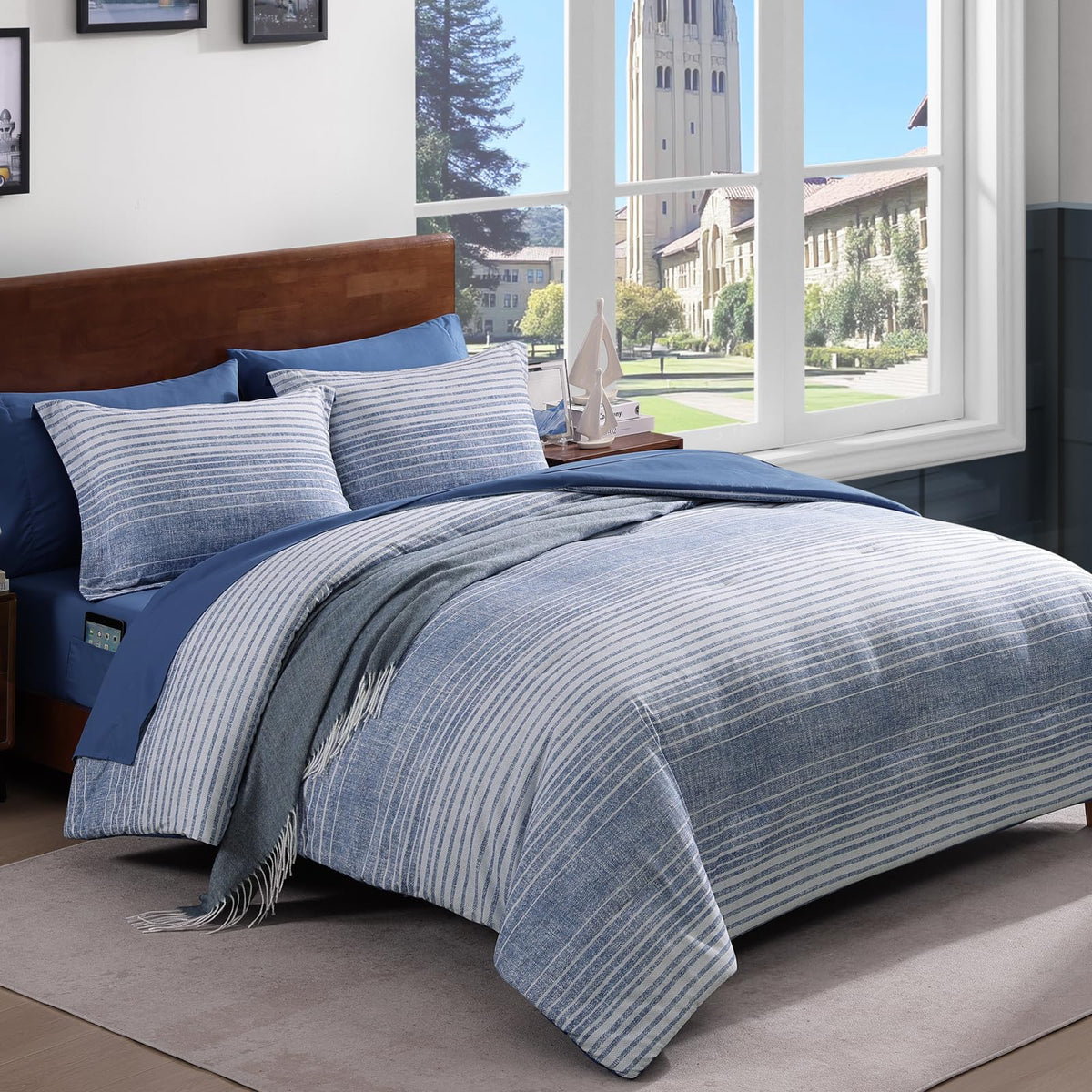 Plaid Full Size Comforter Set Blue Grey 7 Pieces Farmhouse Bed in a Bag