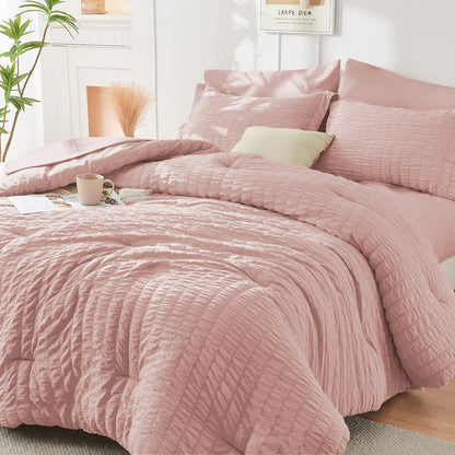 King Comforter Set - 7PCS Bed in a Bag, Seersucker Bedding Set, Dark Grey