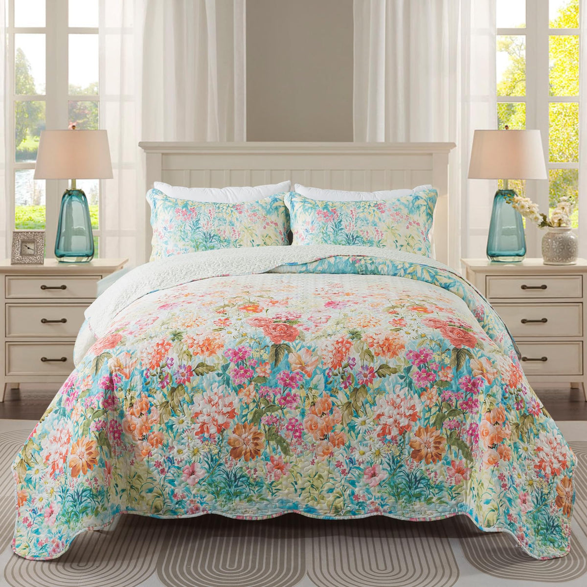 Travan 3-Piece Quilt Set Quilted Bedspread Lightweight Coverlet Set Garden Style Floral Printed Oversized Quilted Bedding Set with Shams for All Season, Exquisite, King Size