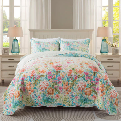 Travan 3-Piece Quilt Set Quilted Bedspread Lightweight Coverlet Set Garden Style Floral Printed Oversized Quilted Bedding Set with Shams for All Season, Exquisite, King Size