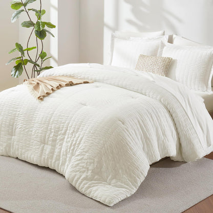 CozyLux Queen Comforter Set, 7 Pieces White Seersucker Bed in a Bag