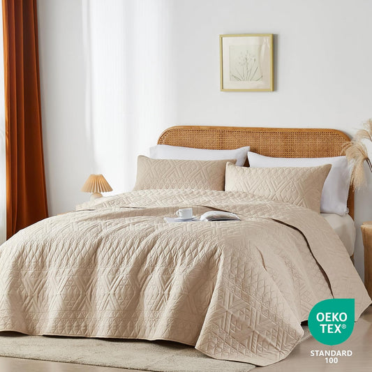 akkialla Full/Queen Size Quilt Bedding Set,Beige Lightweight Microfiber Soft Bedspread,Modern Style Geoetric Pattern Coverlet Set for All Seasons,3 Piece(1 Quilt,2 Pillow Shams)