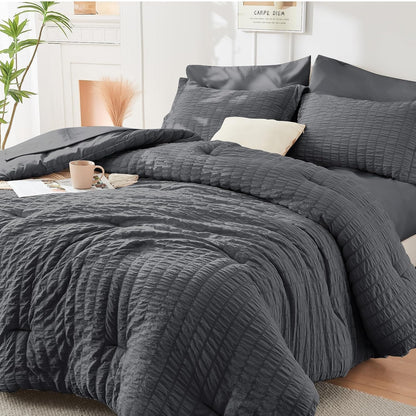 Queen Comforter Set - 7PCS Bed in a Bag, Seersucker Bedding Set, Dark Grey