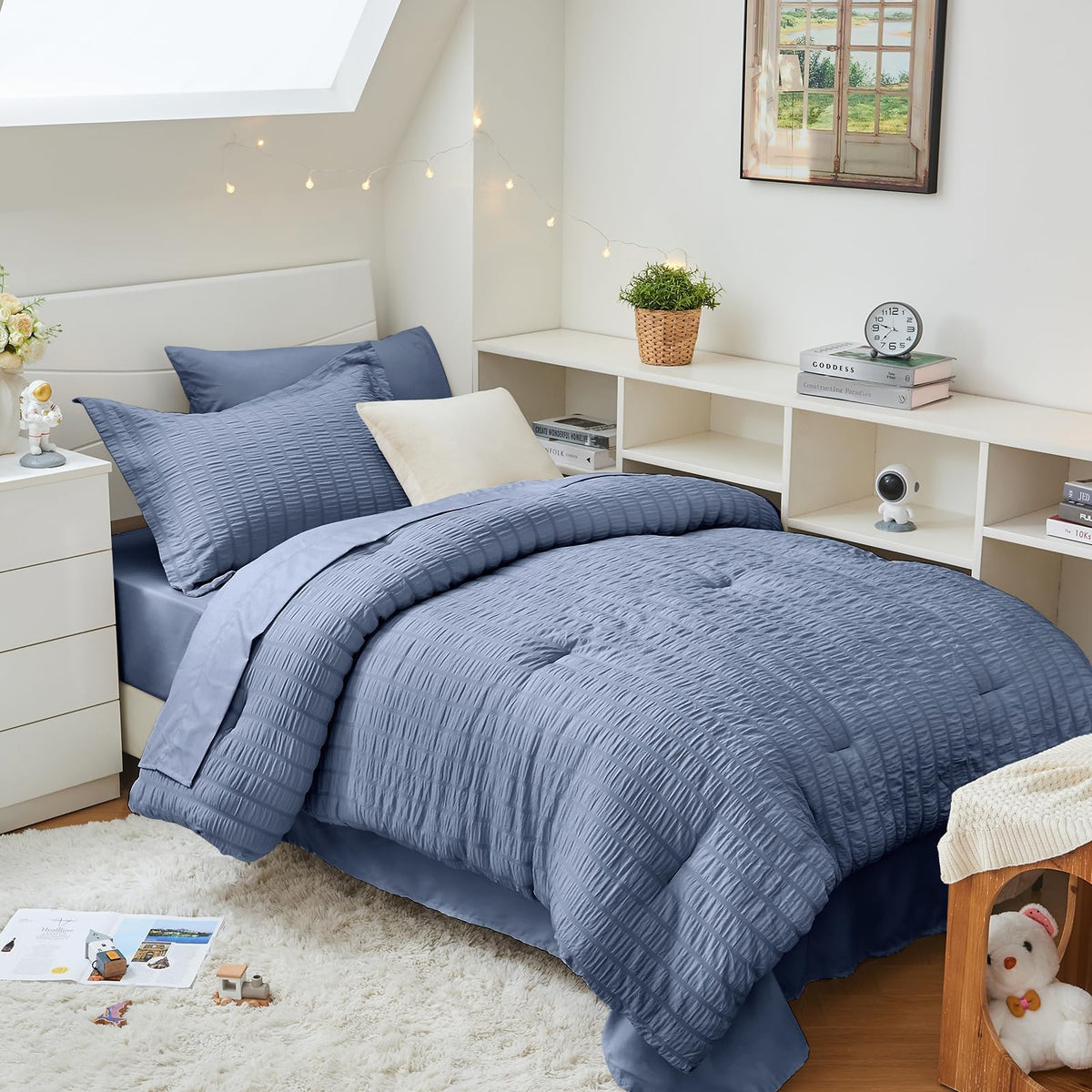 Queen Comforter Set - 7PCS Bed in a Bag, Seersucker Bedding Set, Dark Grey