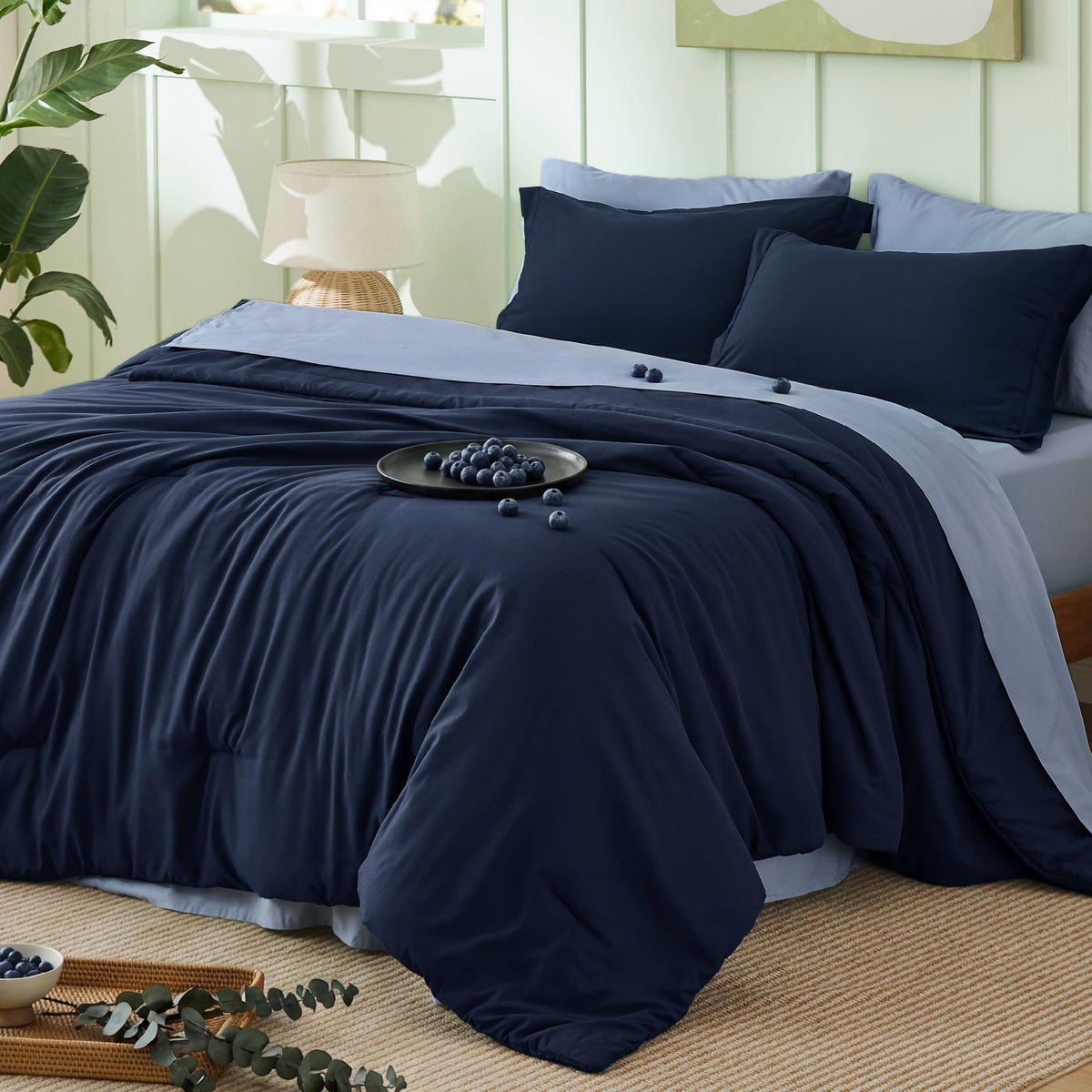Bedsure Queen Bed in a Bag Grayish Blue Comforter Set Dual-Tone 7 Pieces