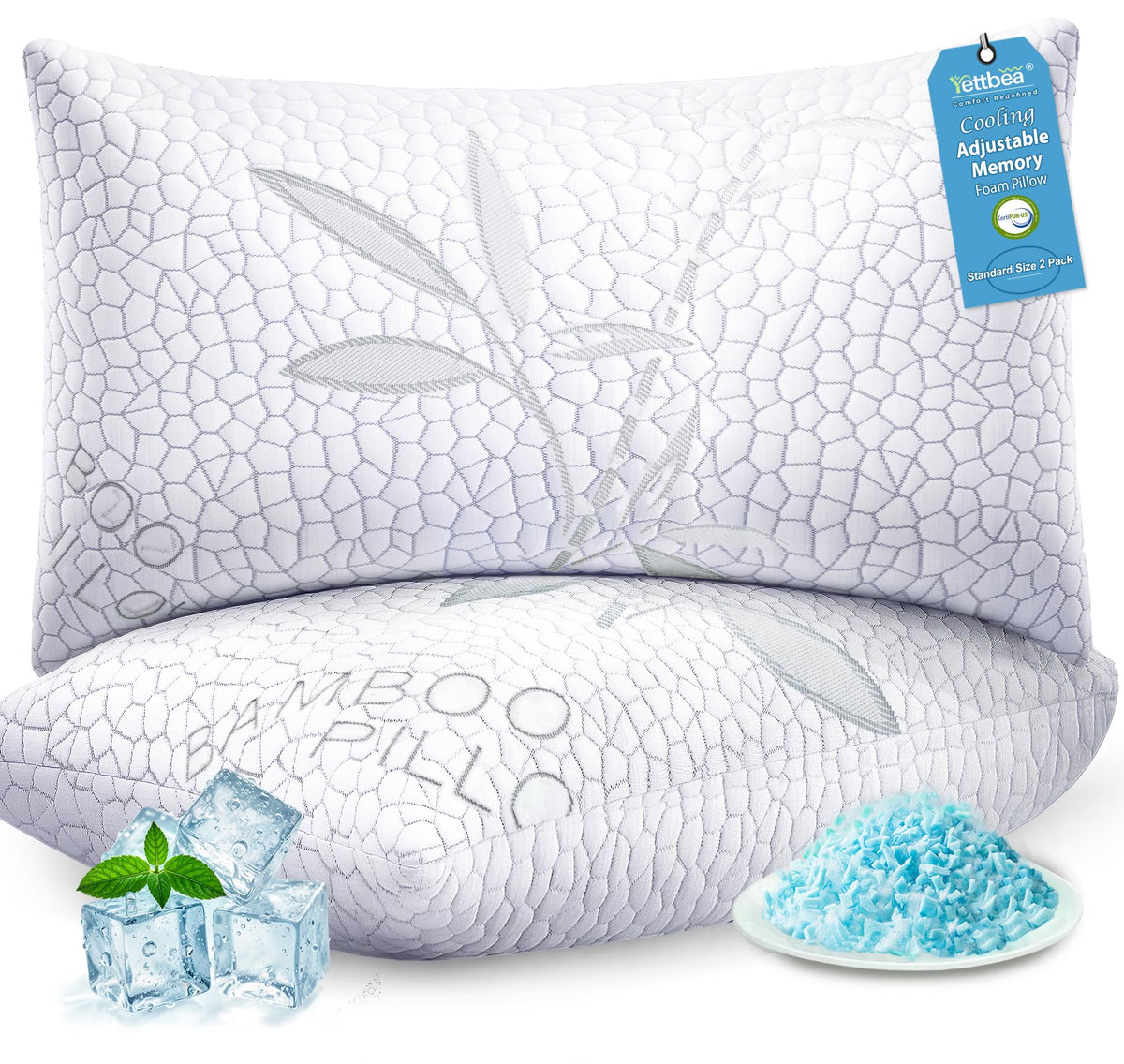 Yettbea Bamboo Cooling Shredded Memory Foam Bed Pillows Queen Size Set of 2