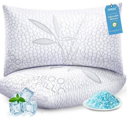 Yettbea Bamboo Cooling Shredded Memory Foam Bed Pillows Queen Size Set of 2