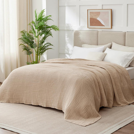 100% Cotton Muslin Blanket for Adults, 6-Layer, King, 108 x 90, Beige Linen