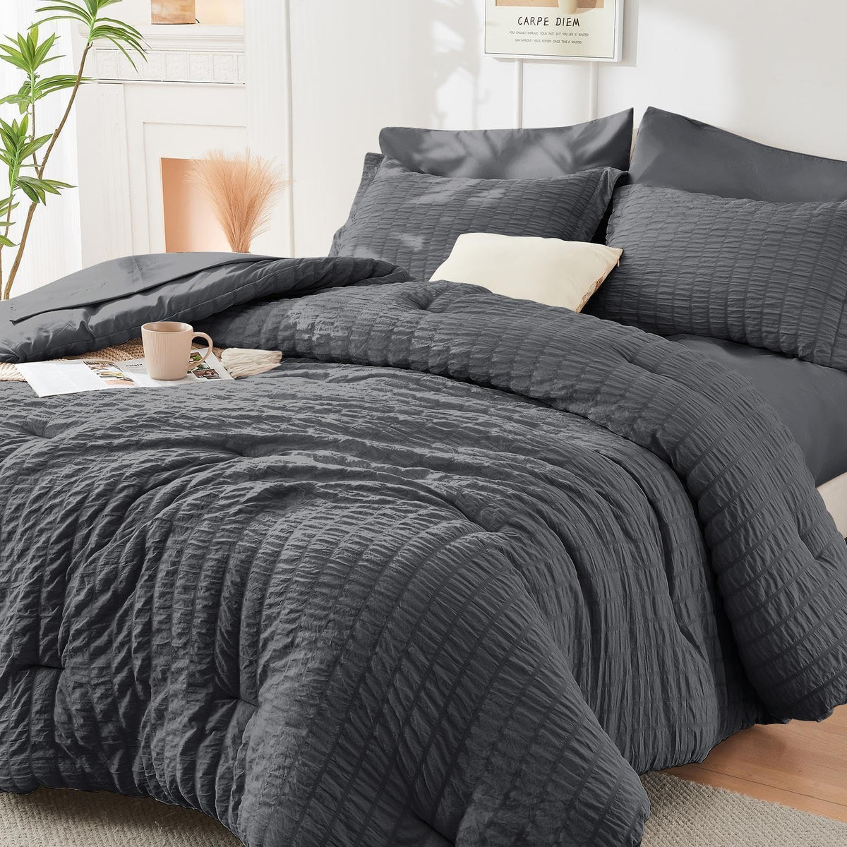 King Comforter Set - 7PCS Bed in a Bag, Seersucker Bedding Set, Dark Grey