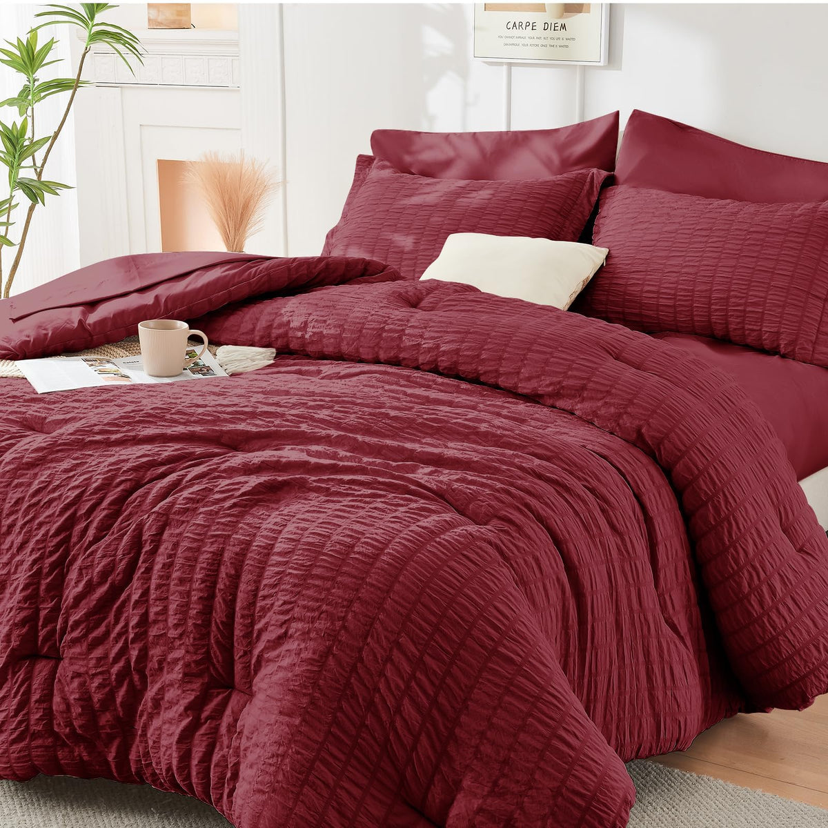 King Comforter Set - 7PCS Bed in a Bag, Seersucker Bedding Set, Dark Grey