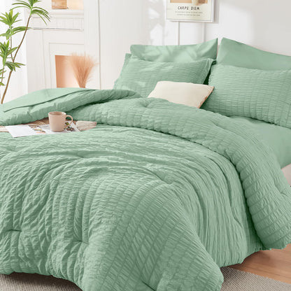 Queen Comforter Set - 7PCS Bed in a Bag, Seersucker Bedding Set, Dark Grey