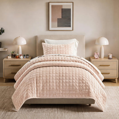 RECYCO Channel Box Stitch Velvet Quilt Set, King Size, Beige