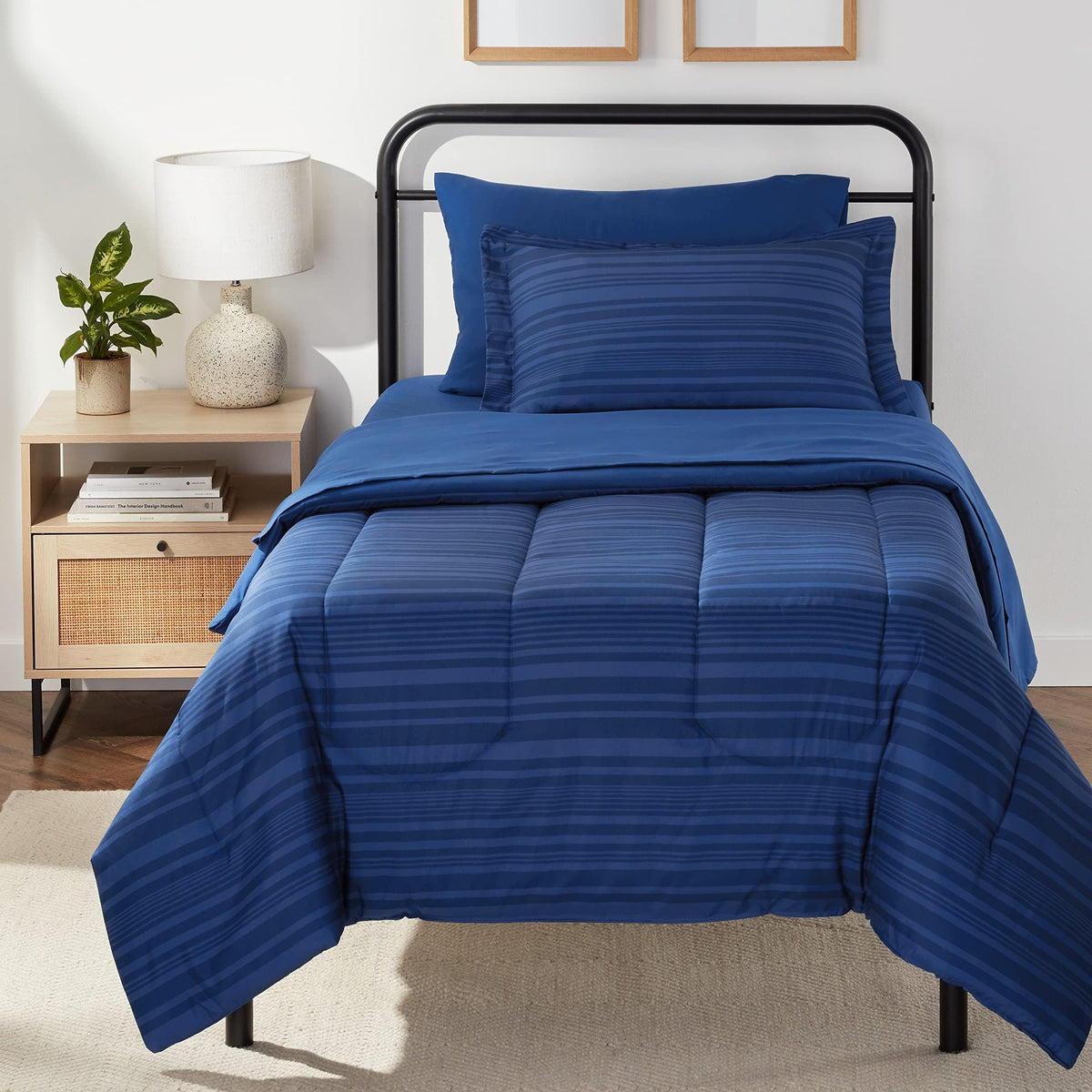 Amazon Basics 5-Piece Lightweight Microfiber Comforter Set with Sheets, Bed-in-a-Bag, Gray Calvin Striped Bedding, Twin/Twin XL