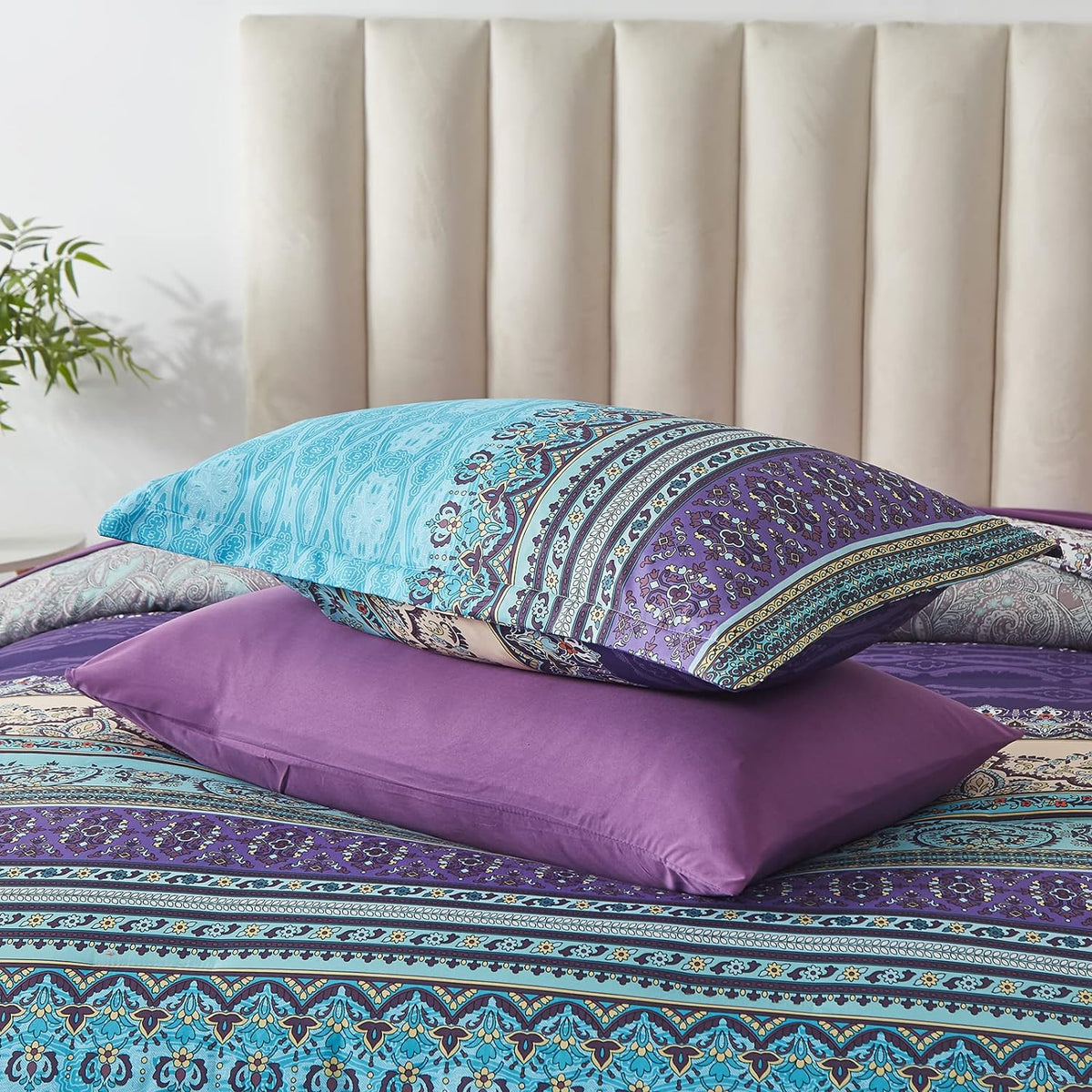 Cottolester Boho Comforter Set Queen Size 8 Piece Bed in a Bag Bohemian Striped Bedding Quilt Set Aqua Paisley Floral Comforter and Sheet Set,Soft Microfiber Complete Bedding Sets for All Season