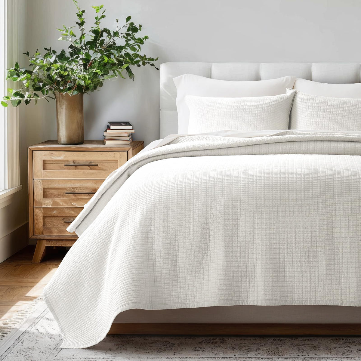 EverGrace 100% Cotton Modern Grid Stitch Quilt Set, King Size, Birch