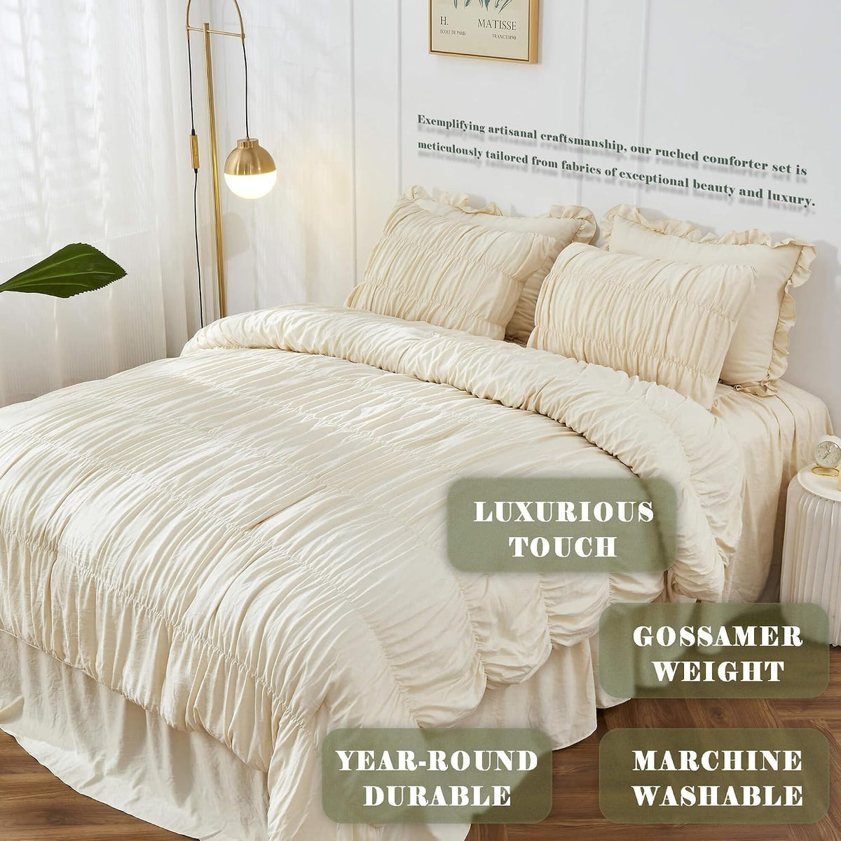 Bonlino Wheat Ruched Comforter Set Queen Size Ruffle Comforter Bedding