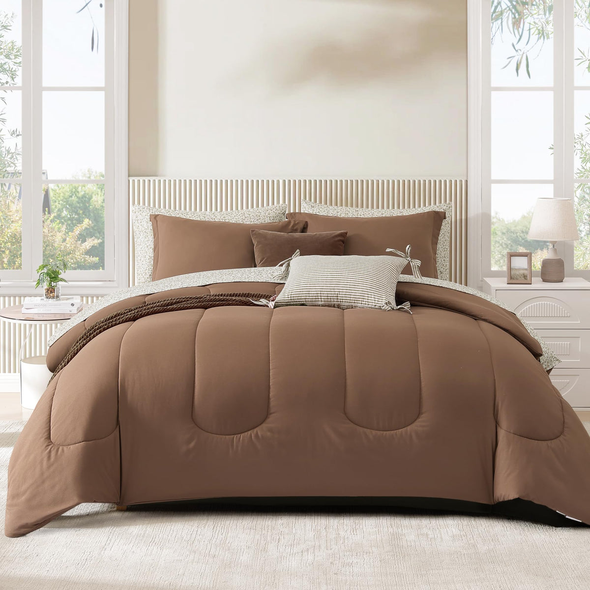 King Size Comforter Set-7 Pieces Brown Soft Bed in a Bag King Bedding Sets