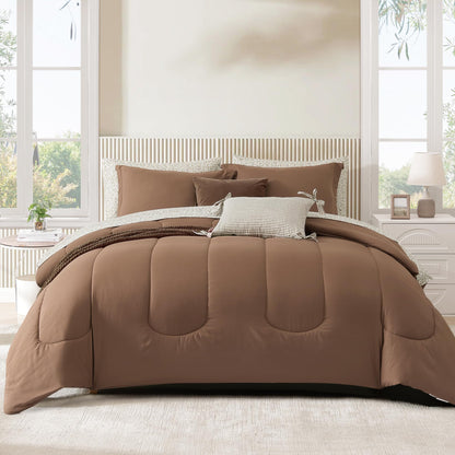 King Size Comforter Set-7 Pieces Brown Soft Bed in a Bag King Bedding Sets