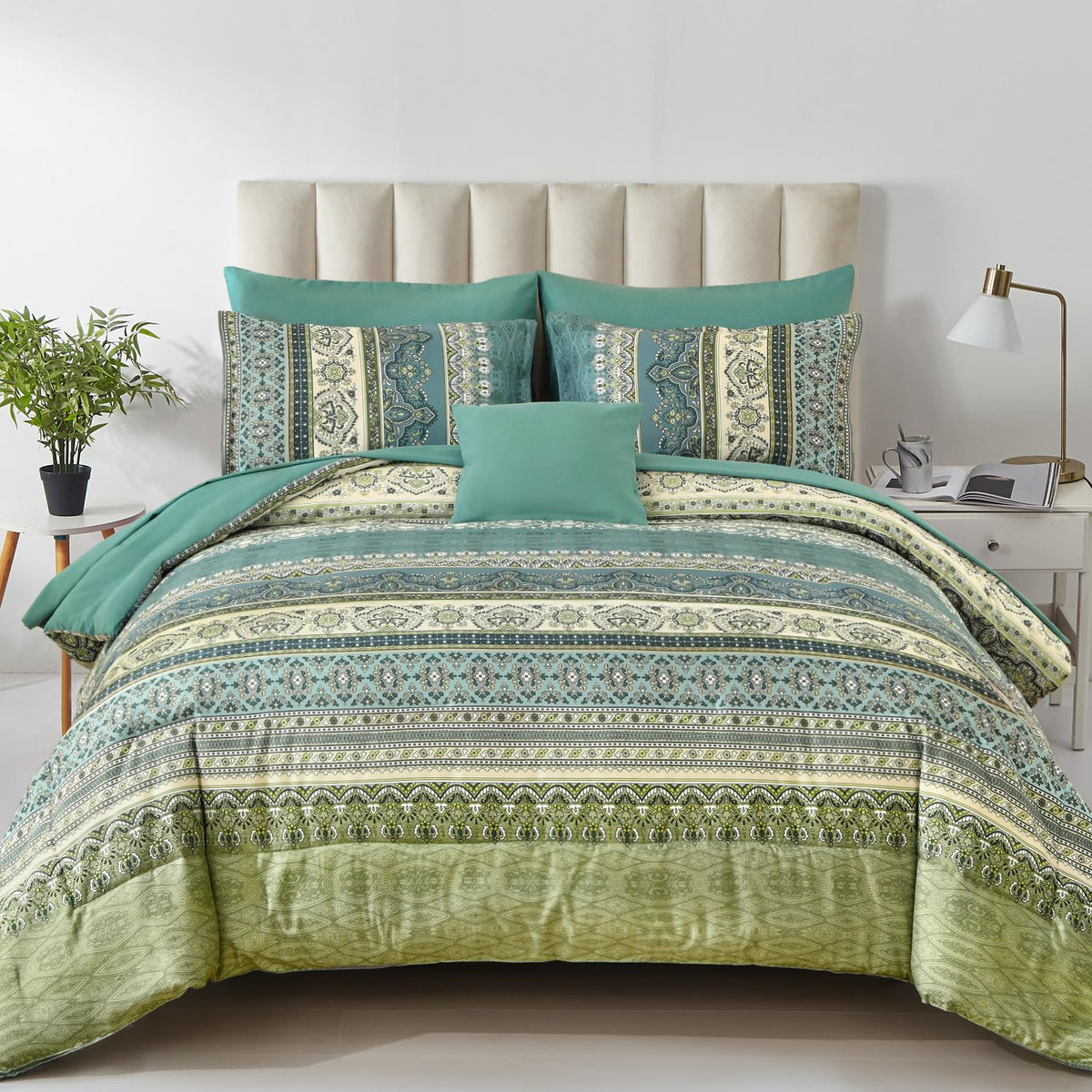 Cottolester Boho Comforter Set Queen Size 8 Piece Bed in a Bag Bohemian Striped Bedding Quilt Set Aqua Paisley Floral Comforter and Sheet Set,Soft Microfiber Complete Bedding Sets for All Season