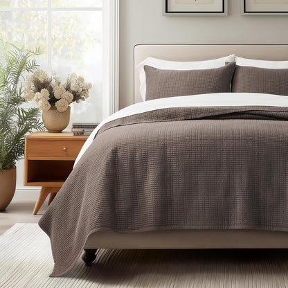 EverGrace 100% Cotton Modern Grid Stitch Quilt Set, King Size, Birch