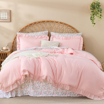 Litanika 7Pcs Full Ruffled Sage Green Comforter Set with Floral Sheets