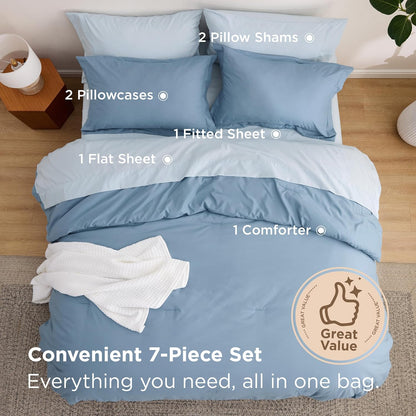 Bedsure Queen Bed in a Bag Grayish Blue Comforter Set Dual-Tone 7 Pieces