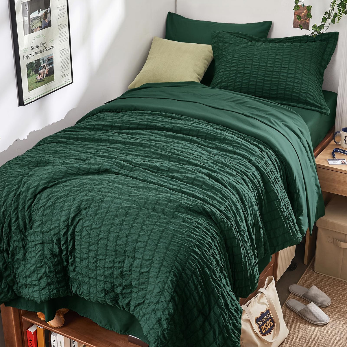 Queen Comforter Set - 7PCS Bed in a Bag, Seersucker Bedding Set, Dark Grey