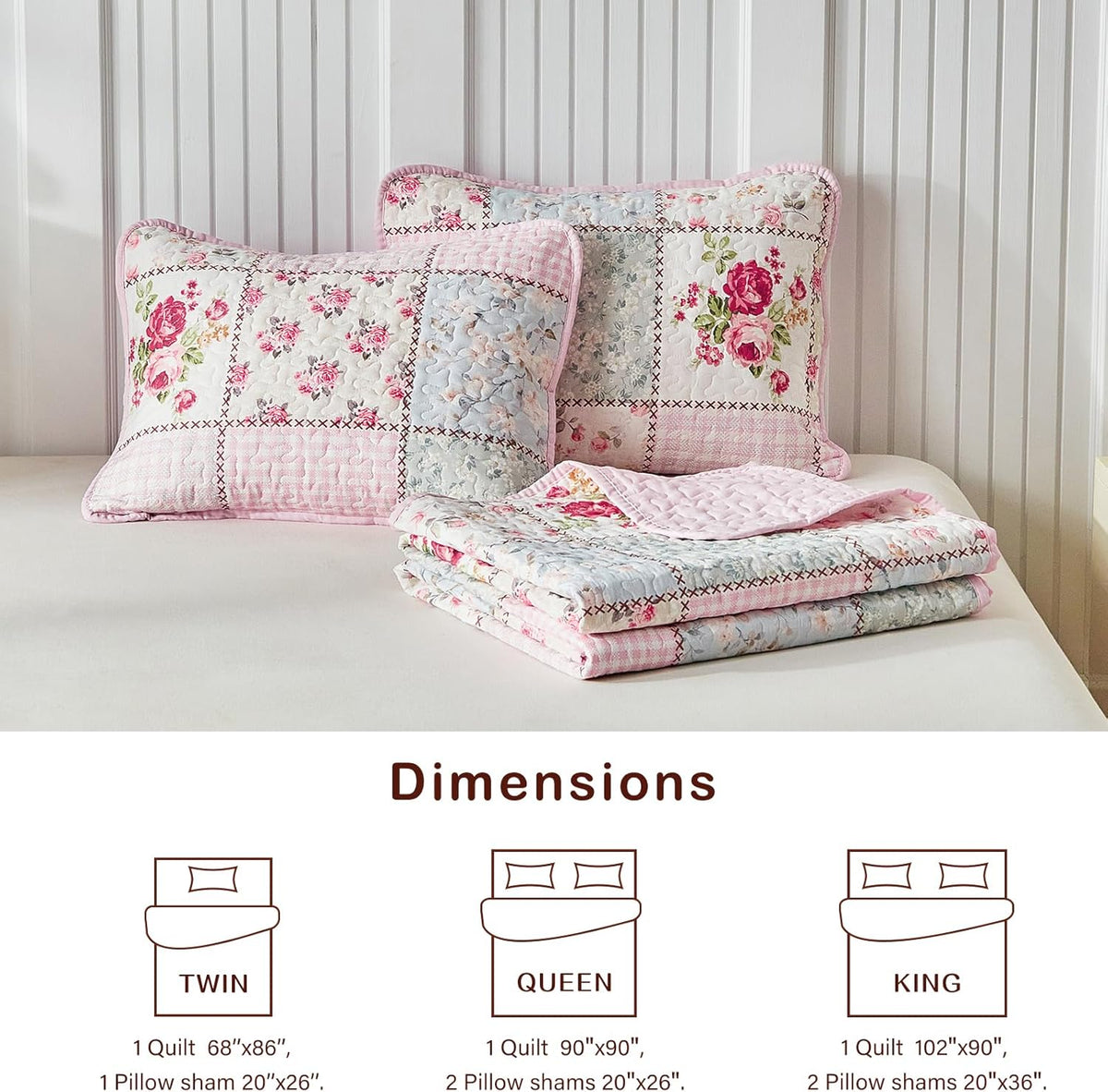 Joyreap Floral Cotton Quilt Set, Pink Aqua Flowers Grid Patchwork Design for Spring, 3 Pieces Queen Size Quilt Bedding Set, Soft n Cozy Bedspread Bed Cover for All Season- 90x90 inches