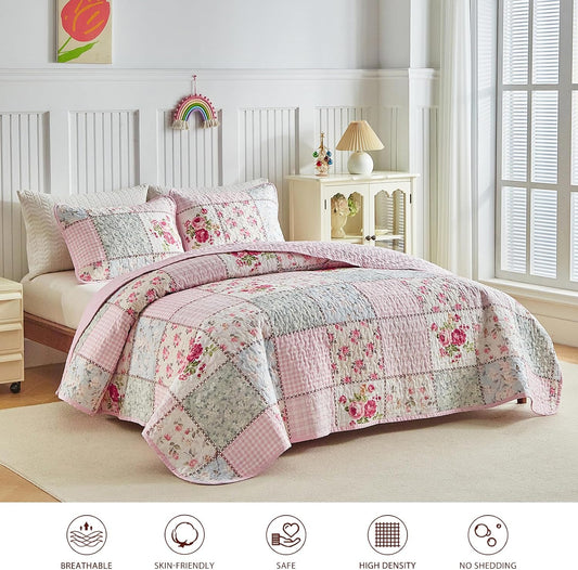 Joyreap Floral Cotton Quilt Set, Pink Aqua Flowers Grid Patchwork Design for Spring, 3 Pieces Queen Size Quilt Bedding Set, Soft n Cozy Bedspread Bed Cover for All Season- 90x90 inches