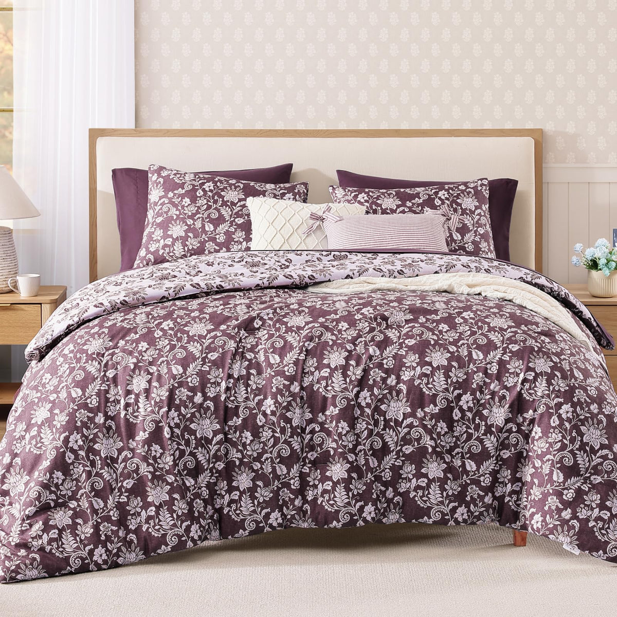 BLOOMHAVEN Queen Comforter Set-7 Pieces Blue Floral Bed in a Bag Queen