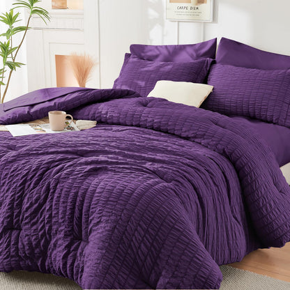 Queen Comforter Set - 7PCS Bed in a Bag, Seersucker Bedding Set, Dark Grey