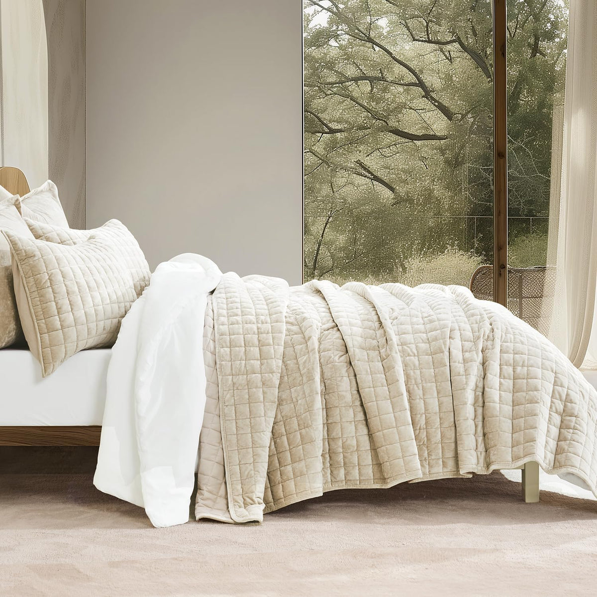 RECYCO Channel Box Stitch Velvet Quilt Set, King Size, Beige