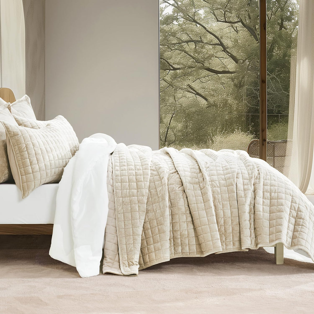 RECYCO Channel Box Stitch Velvet Quilt Set, King Size, Beige
