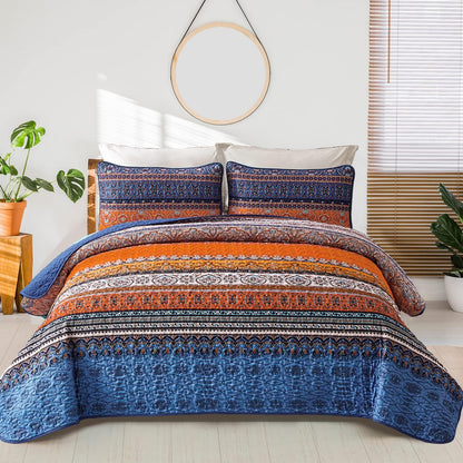 WONGS BEDDING Boho King Quilt Bedding Set, 3 Pieces Soft Bedspread,Blue