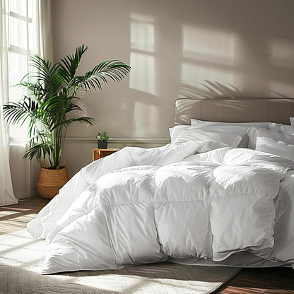 Serta Goose Feather Down Fiber Comforter Queen Size - 100% Cotton Cover Duvet Insert - Hotel Luxury Hypoallergenic Bedding Comforter All Season Medium Warmth 90 x 90 Inch White