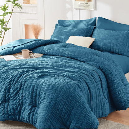 Queen Comforter Set - 7PCS Bed in a Bag, Seersucker Bedding Set, Dark Grey