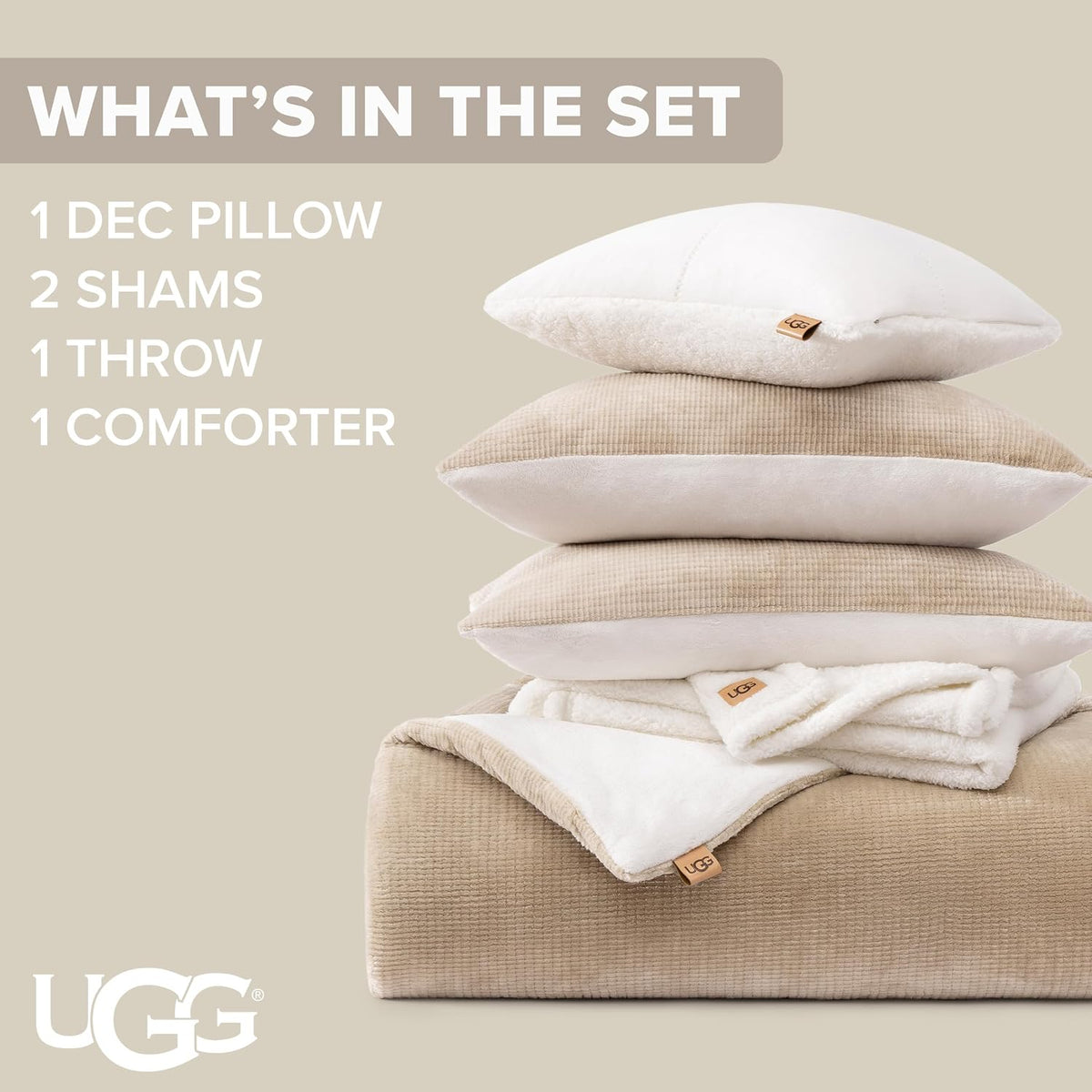 UGG Remina Queen Comforter Set with Throw Blanket & Pillow, 5-Piece, Beige