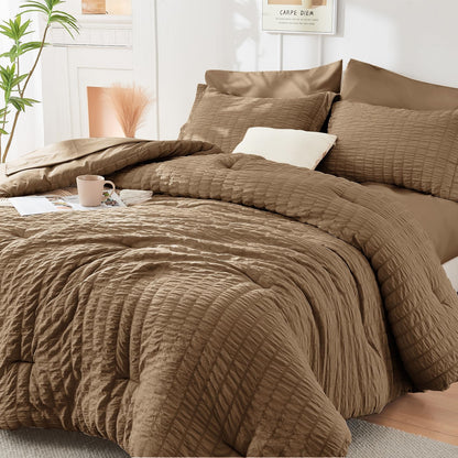 King Comforter Set - 7PCS Bed in a Bag, Seersucker Bedding Set, Dark Grey