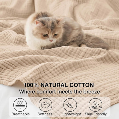 100% Cotton Muslin Blanket for Adults, 6-Layer, King, 108 x 90, Beige Linen