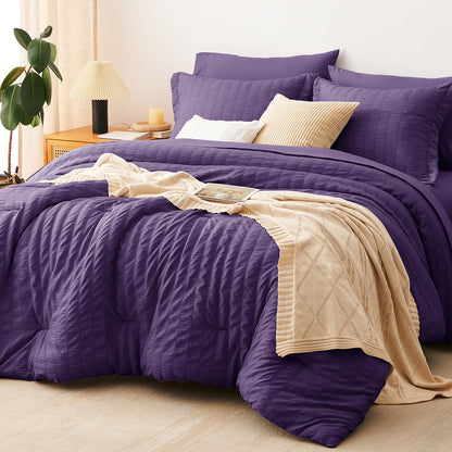 CozyLux Queen Comforter Set, 7 Pieces White Seersucker Bed in a Bag