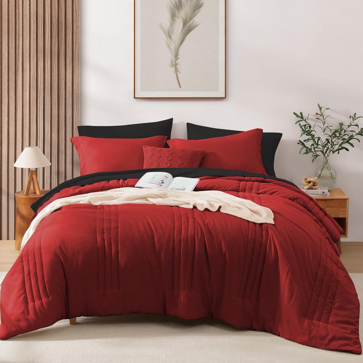 Queen Comforter Set-7 Pieces Beige Soft Bed in a Bag Queen Bedding Sets